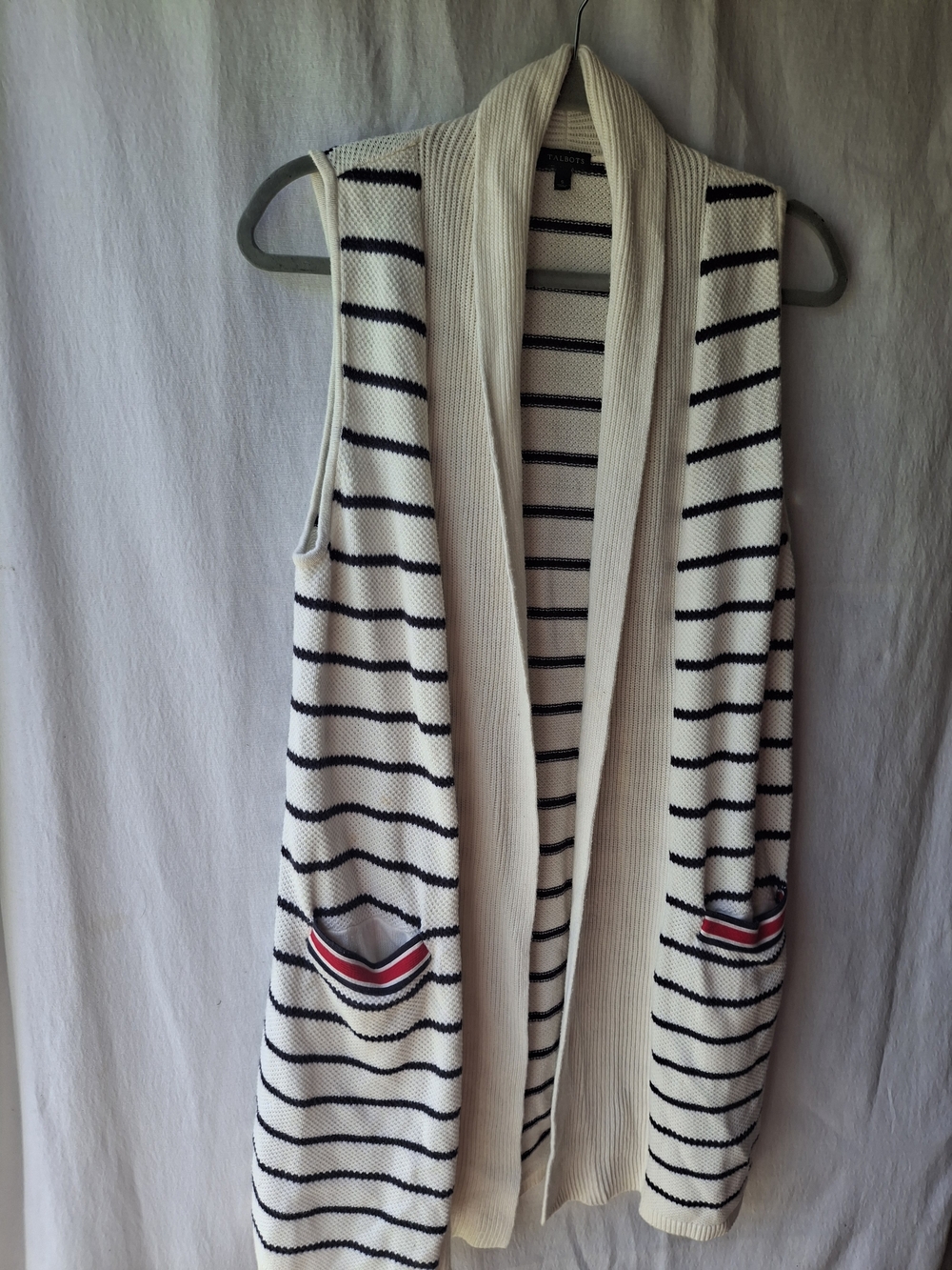 Talbots Cream & Black Striped Sleeveless Shawl Cardigan